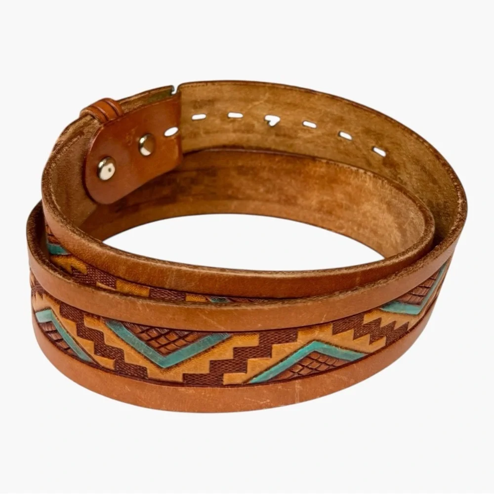 Vintage Chambers Leather Western Belt Tan Tooled Painted Brass Cowboy Buckle